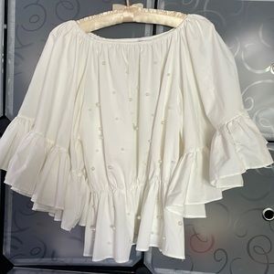 Golden Days Paris White Shirt wPuff Sleeves & Pearls On Front of Shirt Size S/M